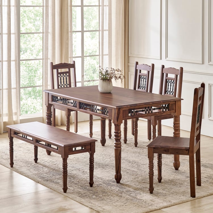 Kian NXT Sheesham Wood 6-Seater Dining Set with Chairs and Bench - Brown