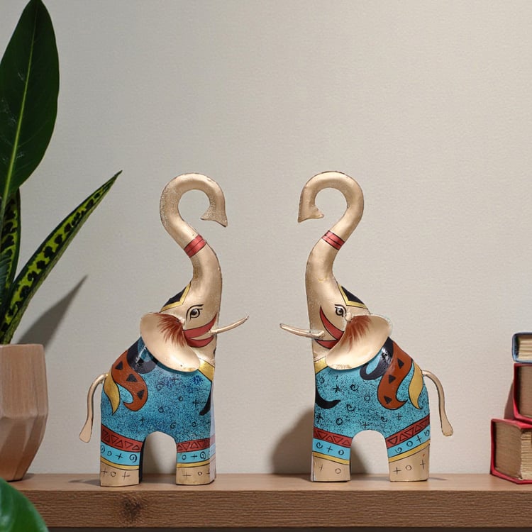 VEDAS Mystical Indian Myron Metal Set of 2 Elephant Table Accents
