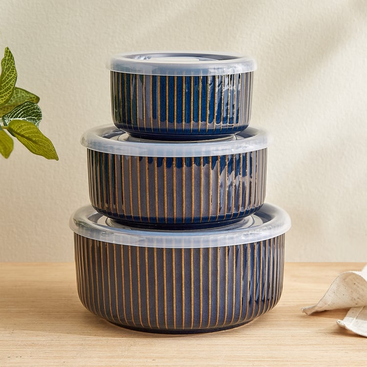 Caraway Somber Set of 3 Stoneware Striped Bowls with Vented Lid