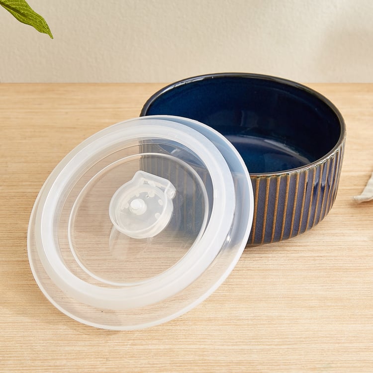 Caraway Somber Set of 3 Stoneware Striped Bowls with Vented Lid