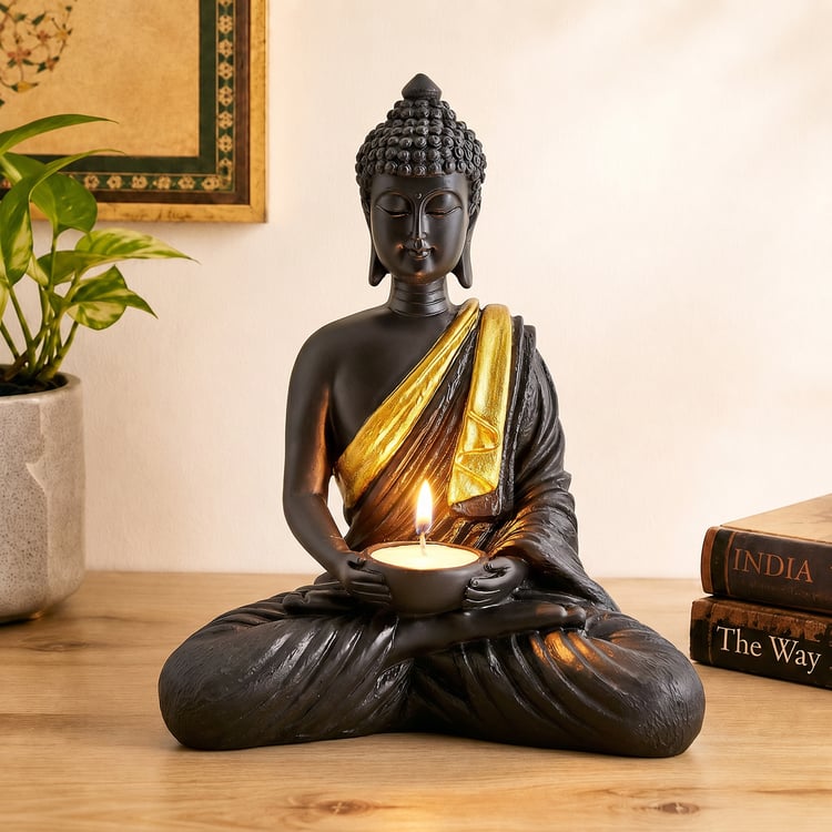 Corsica Elba Polyresin Sitting Buddha Figurine with T-Light Holder