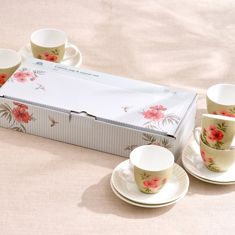 Mandarin Botanica Set of 6 Bone China Printed Cups and Saucers Set - 210ml