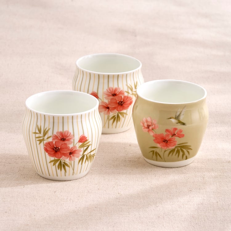 Mandarin Botanica Set of 3 Bone China Floral Print Kulhads - 240ml