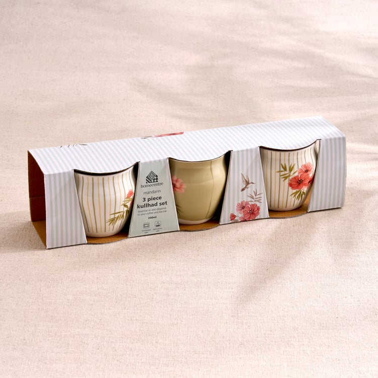 Mandarin Botanica Set of 3 Bone China Floral Print Kulhads - 240ml