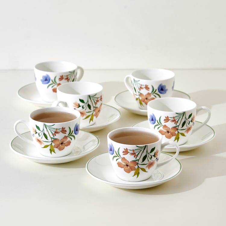 Mandarin Mystic Garden Viola Set of 6 Bone China Floral Print Cups and Saucers - 210ml