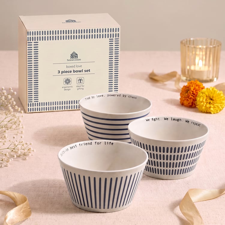Boxed Love Emily Bowl Set of 3 Porcelain Striped Cereal Bowls - 500ml