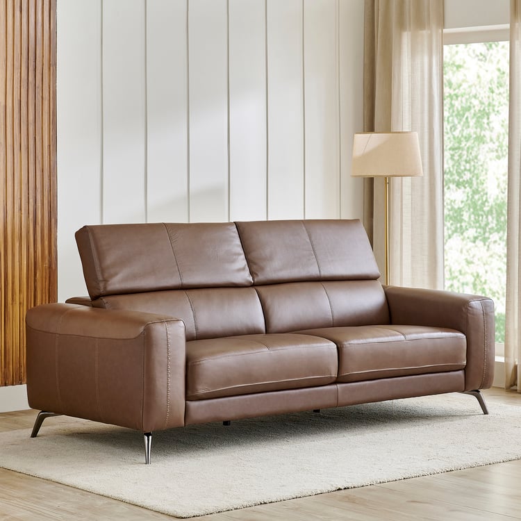 Clarissa Half Leather 3-Seater Sofa with Adjustable Headrest - Brown