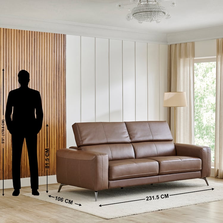 Clarissa Half Leather 3-Seater Sofa with Adjustable Headrest - Brown