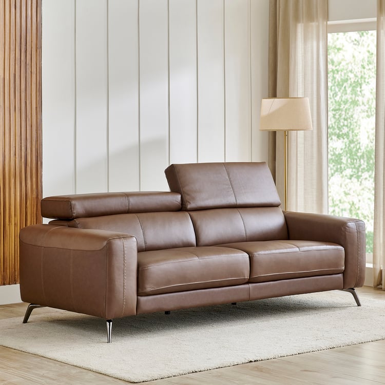 Clarissa Half Leather 3-Seater Sofa with Adjustable Headrest - Brown