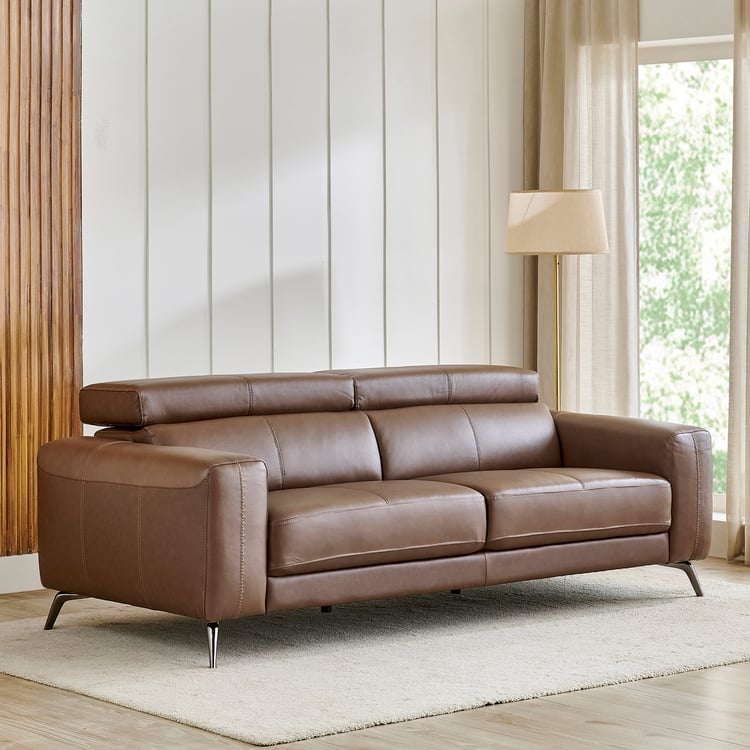 Clarissa Half Leather 3-Seater Sofa with Adjustable Headrest - Brown