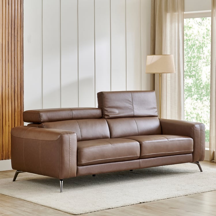 Clarissa Half Leather 3-Seater Sofa with Adjustable Headrest - Brown