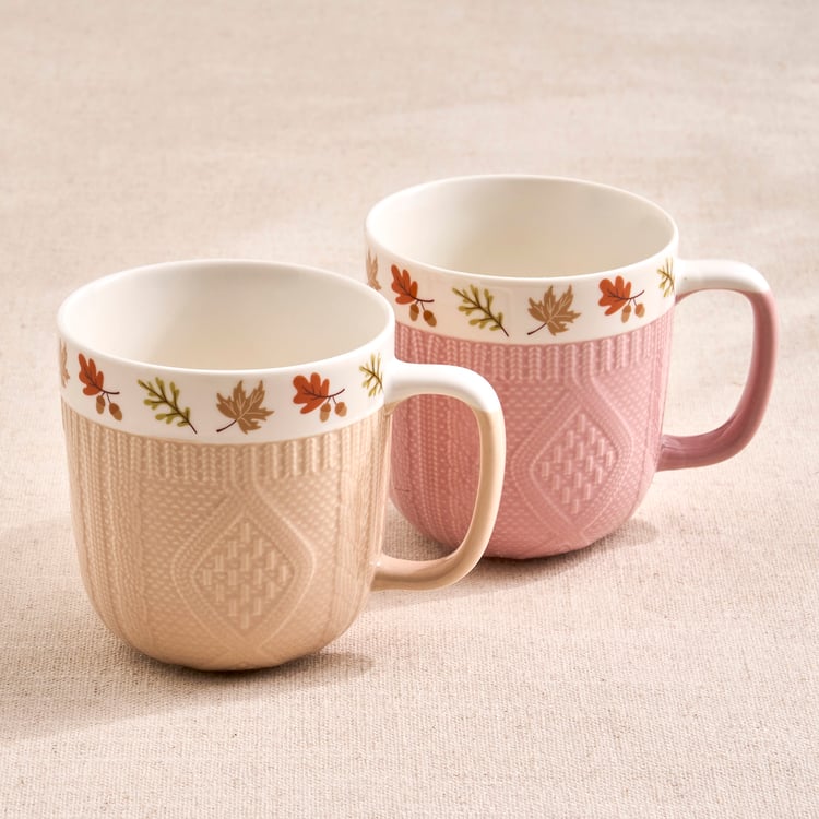 Blooming Embossed Autumn Set of 2 Bone China Printed Mugs - 335ml
