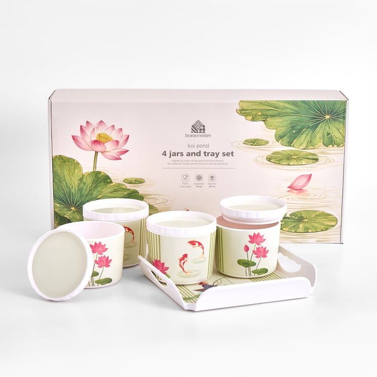 Koi Pond Set of 4 Melamine Printed Jars with Tray - 200ml