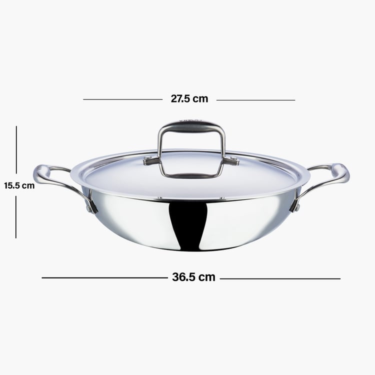 VINOD Platinum Triply Stainless Steel Kadhai with Lid - 3.2L