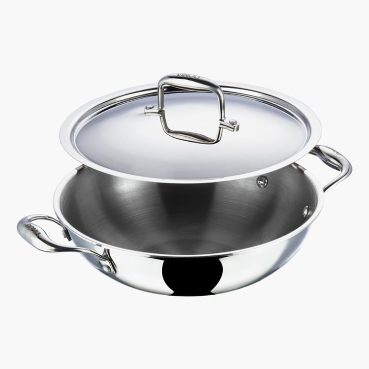 VINOD Platinum Triply Stainless Steel Kadhai with Lid - 3.2L