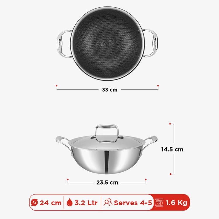 VINOD Platinum Triply Stainless Steel Deep Kadhai with Lid - 3.2L