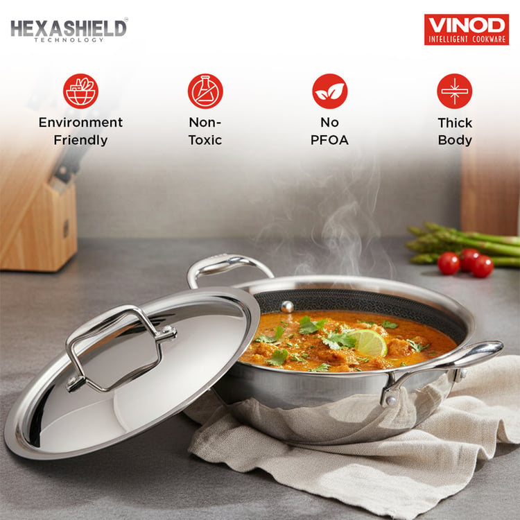 VINOD Platinum Triply Stainless Steel Deep Kadhai with Lid - 3.2L