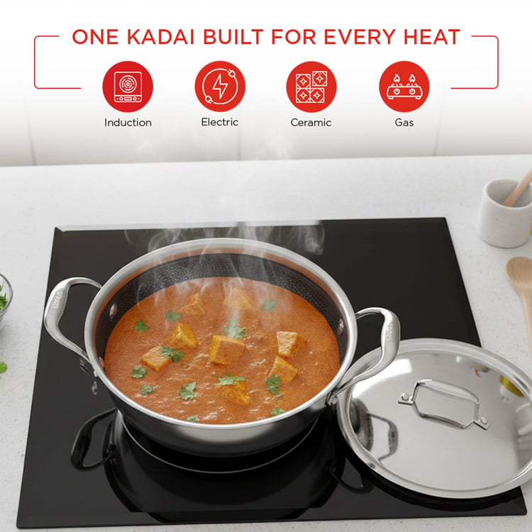 VINOD Platinum Triply Stainless Steel Deep Kadhai with Lid - 3.2L