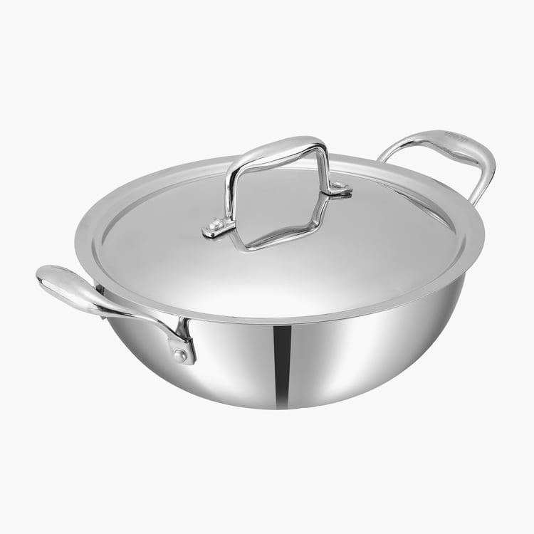 VINOD Platinum Triply Stainless Steel Deep Kadhai with Lid - 3.2L