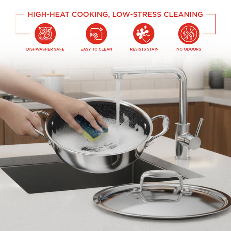 VINOD Platinum Triply Stainless Steel Deep Kadhai with Lid - 3.2L