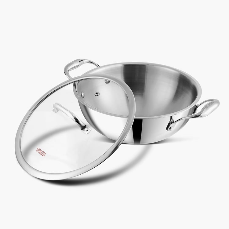 VINOD Platinum Triply Stainless Steel Deep Kadhai with Lid - 1.2L