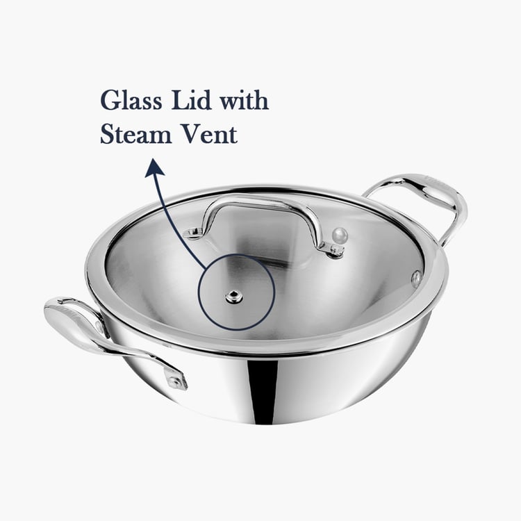 VINOD Platinum Triply Stainless Steel Deep Kadhai with Lid - 1.2L