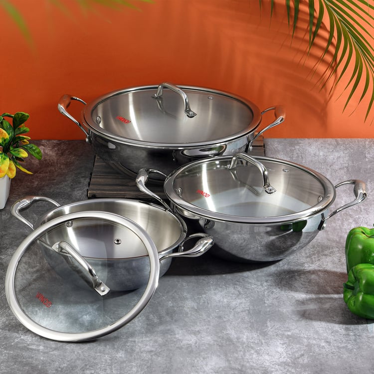 VINOD Platinum Triply Stainless Steel Deep Kadhai with Lid - 1.2L