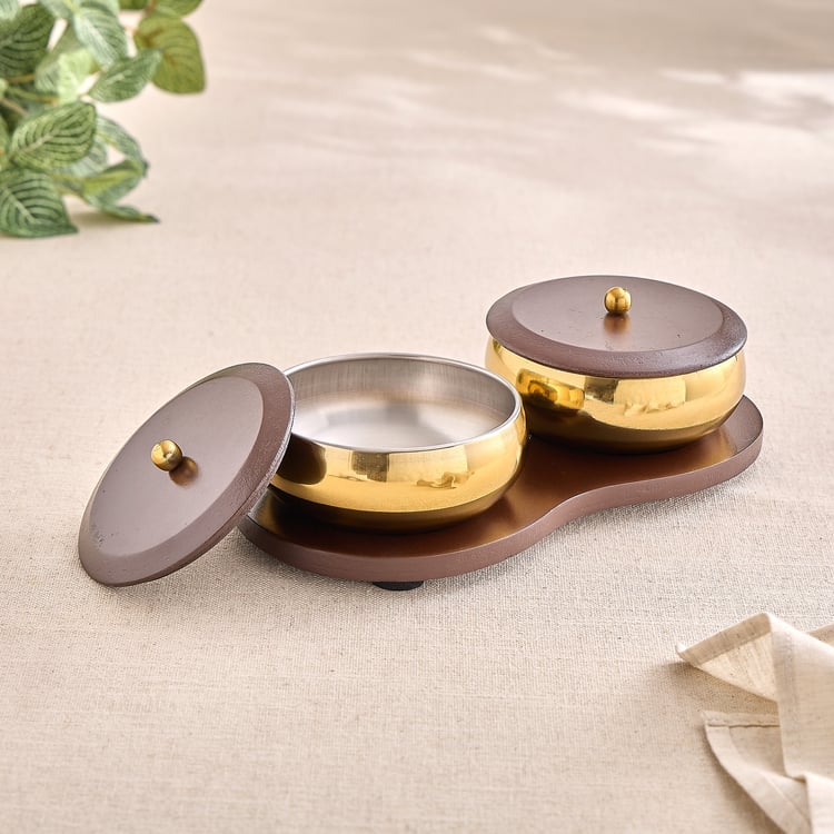 Shale Byron Set of 2 Stainless Steel Snack Bowls with Lids and Tray - 350ml