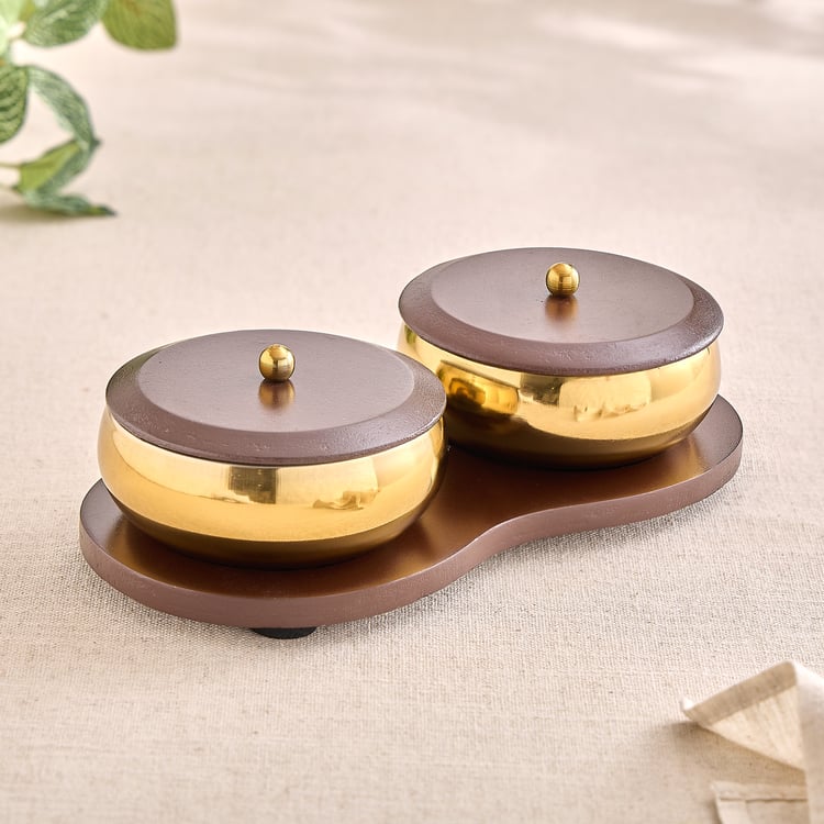 Shale Byron Set of 2 Stainless Steel Snack Bowls with Lids and Tray - 350ml