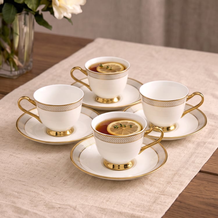 Ebony Timeless Set of 4 Bone China Printed Cups and Saucers - 210ml