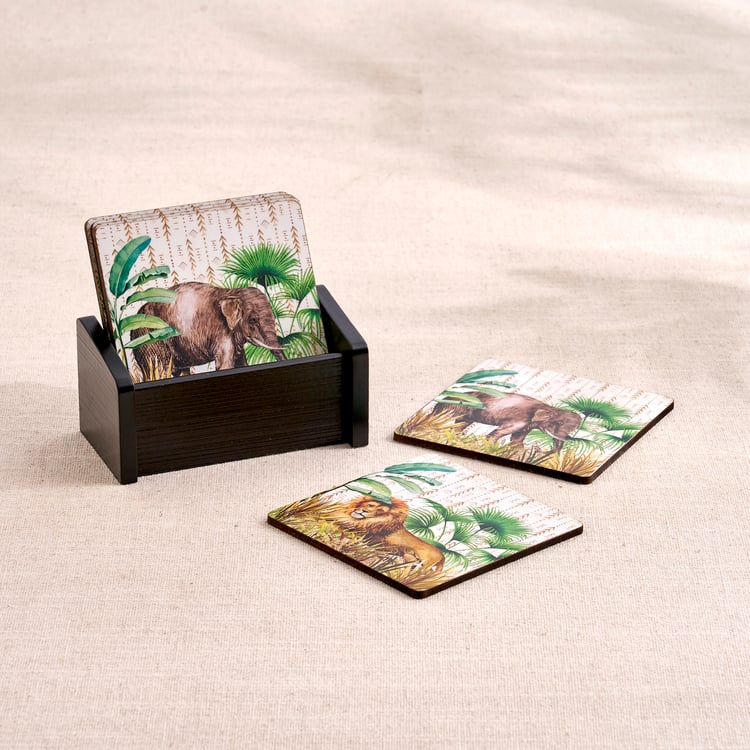 Oakland Safari Set of 6 Wooden Printed Coasters with Holder