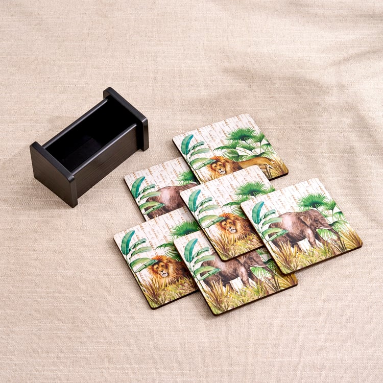 Oakland Safari Set of 6 Wooden Printed Coasters with Holder
