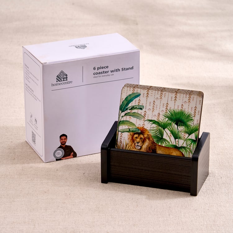 Oakland Safari Set of 6 Wooden Printed Coasters with Holder