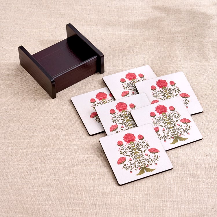 Oakloand Set of 6 Wooden Floral Print Coasters with Holder