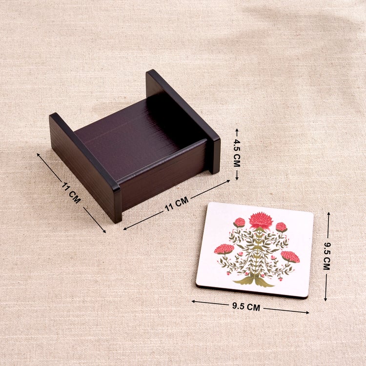 Oakloand Set of 6 Wooden Floral Print Coasters with Holder