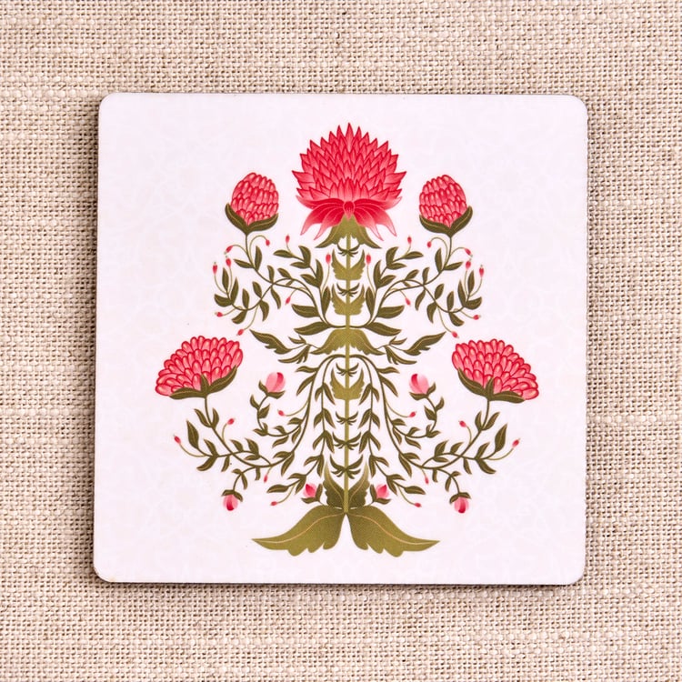 Oakloand Set of 6 Wooden Floral Print Coasters with Holder