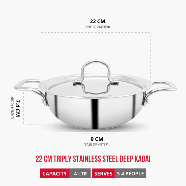 STOREHAUS Tri-Ply Stainless Steel Non Stick Kadai with Lid - 2L