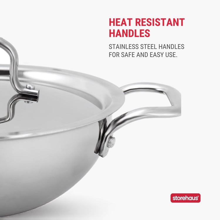 STOREHAUS Tri-Ply Stainless Steel Non Stick Kadai with Lid - 2L