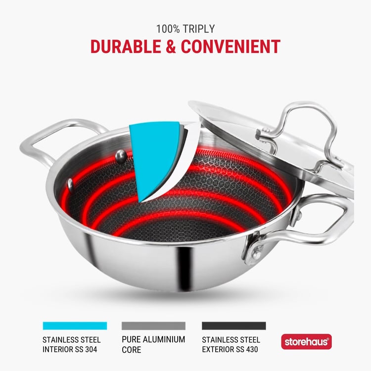 STOREHAUS Tri-Ply Stainless Steel Non Stick Kadai with Lid - 2L