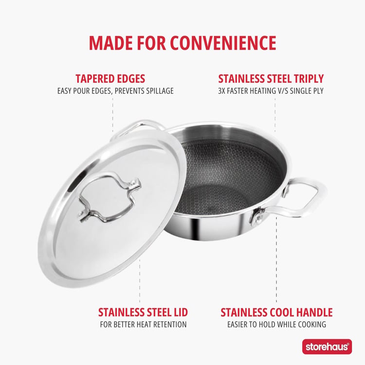 STOREHAUS Tri-Ply Stainless Steel Non Stick Kadai with Lid - 2L