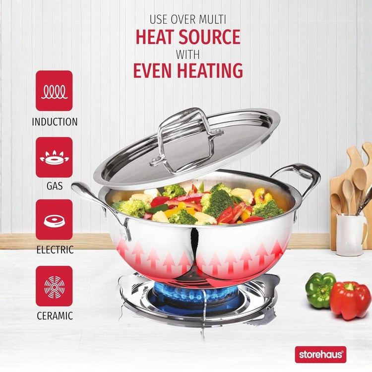 STOREHAUS Tri-Ply Stainless Steel Non Stick Kadai with Lid - 2L