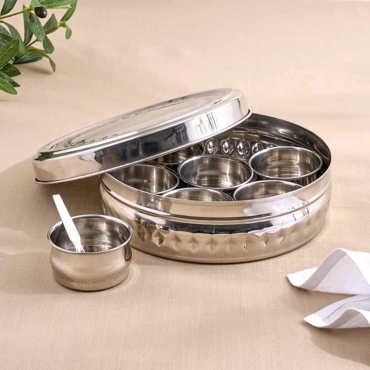 Glovia Weston Stainless Steel Masala Box with Vatis and Spoons