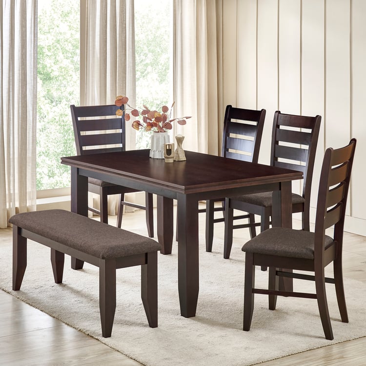 Helios Magnus Mahogany Wood Top 6-Seater Dining Set with Chairs and Bench - Walnut