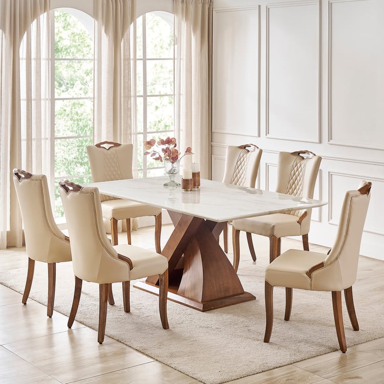Prince Neo Faux Marble Top 6-Seater Dining Set with Chairs - Beige
