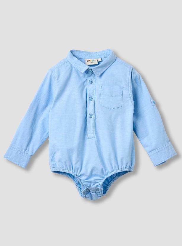 Juniors Solid Long Sleeves Shirt Style Bodysuit with Roll-Up Tab
