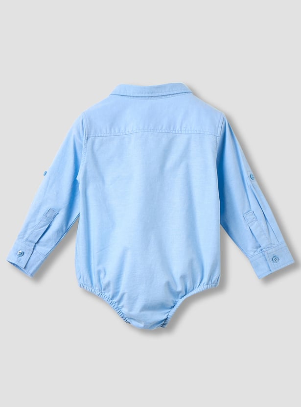 Juniors Solid Long Sleeves Shirt Style Bodysuit with Roll-Up Tab