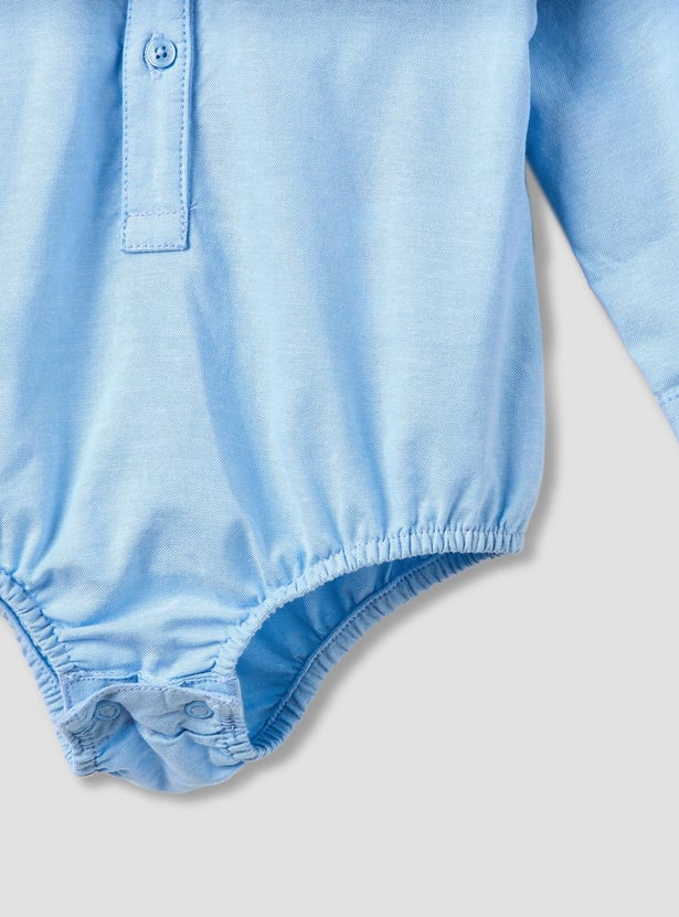 Juniors Solid Long Sleeves Shirt Style Bodysuit with Roll-Up Tab