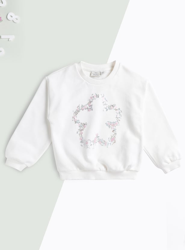 Juniors Floral Sequinned Round Neck Sweatshirt with Long Sleeves