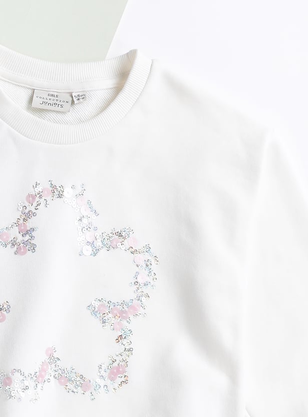 Juniors Floral Sequinned Round Neck Sweatshirt with Long Sleeves