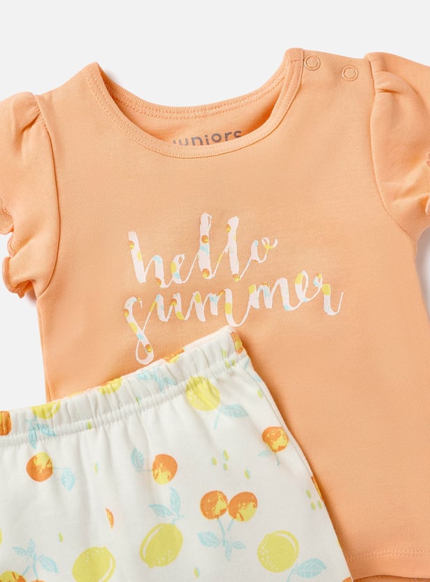 Juniors Fruit Print Ruffle Sleeves T-shirt and Elasticated Pyjama Set